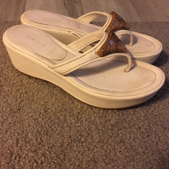 Prada white wedge sandals with wooden emblem. Ladies size 7. - Picture 5 of 6
